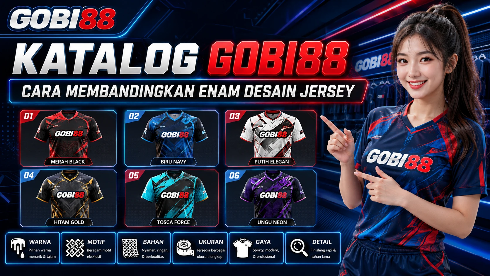 Ilustrasi Katalog GOBI88 untuk membandingkan enam desain jersey berdasarkan warna dan gaya
