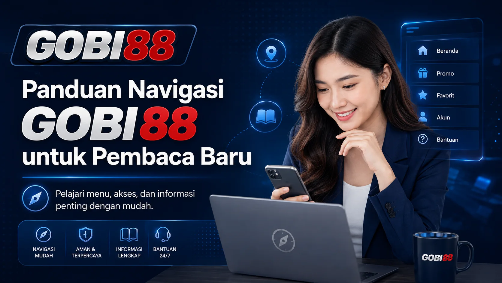 Banner Panduan Navigasi GOBI88 untuk pembaca baru dengan ilustrasi wanita menggunakan ponsel dan laptop