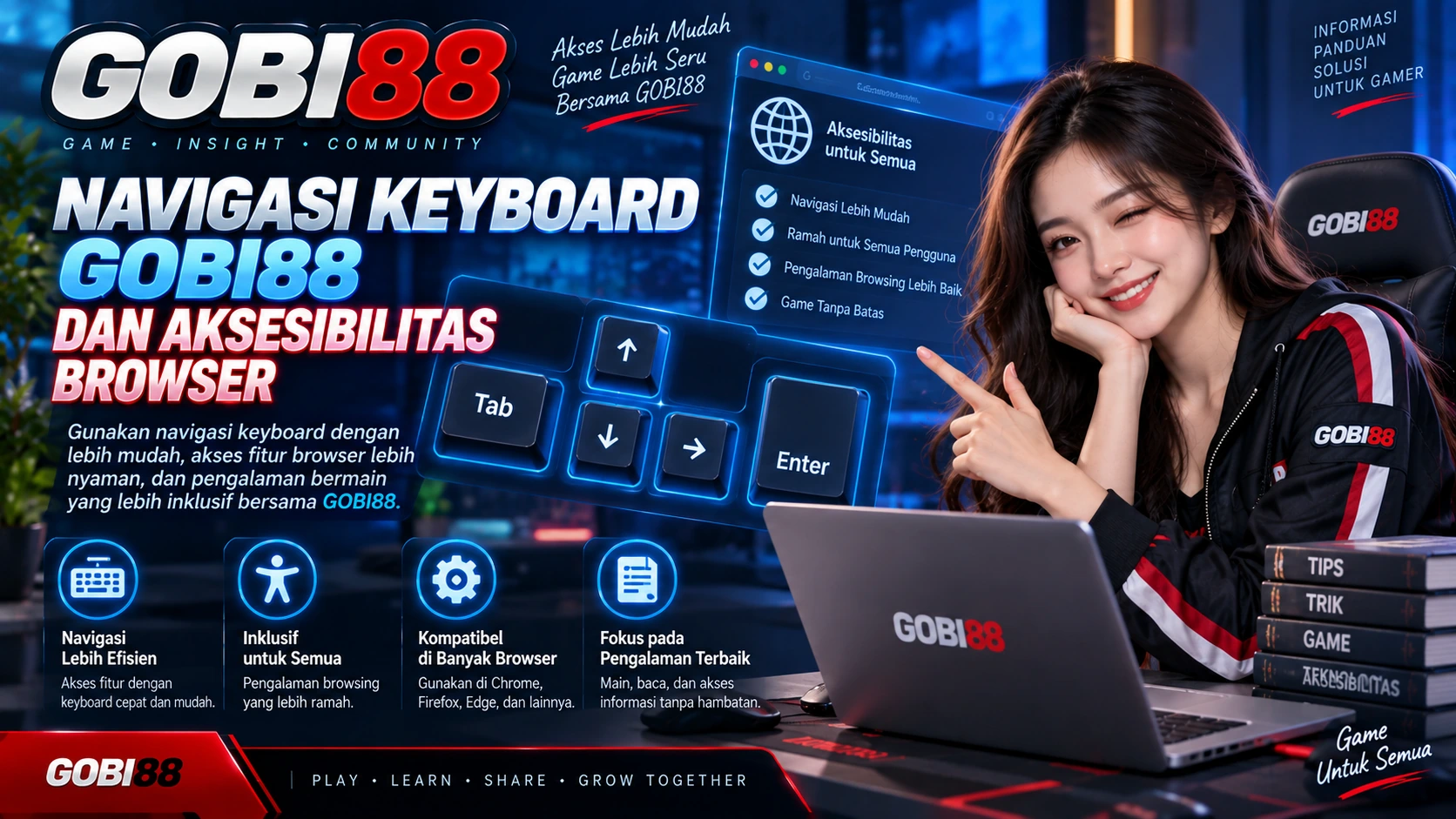 Ilustrasi navigasi keyboard GOBI88 dan fitur aksesibilitas browser untuk membantu menjelajahi halaman